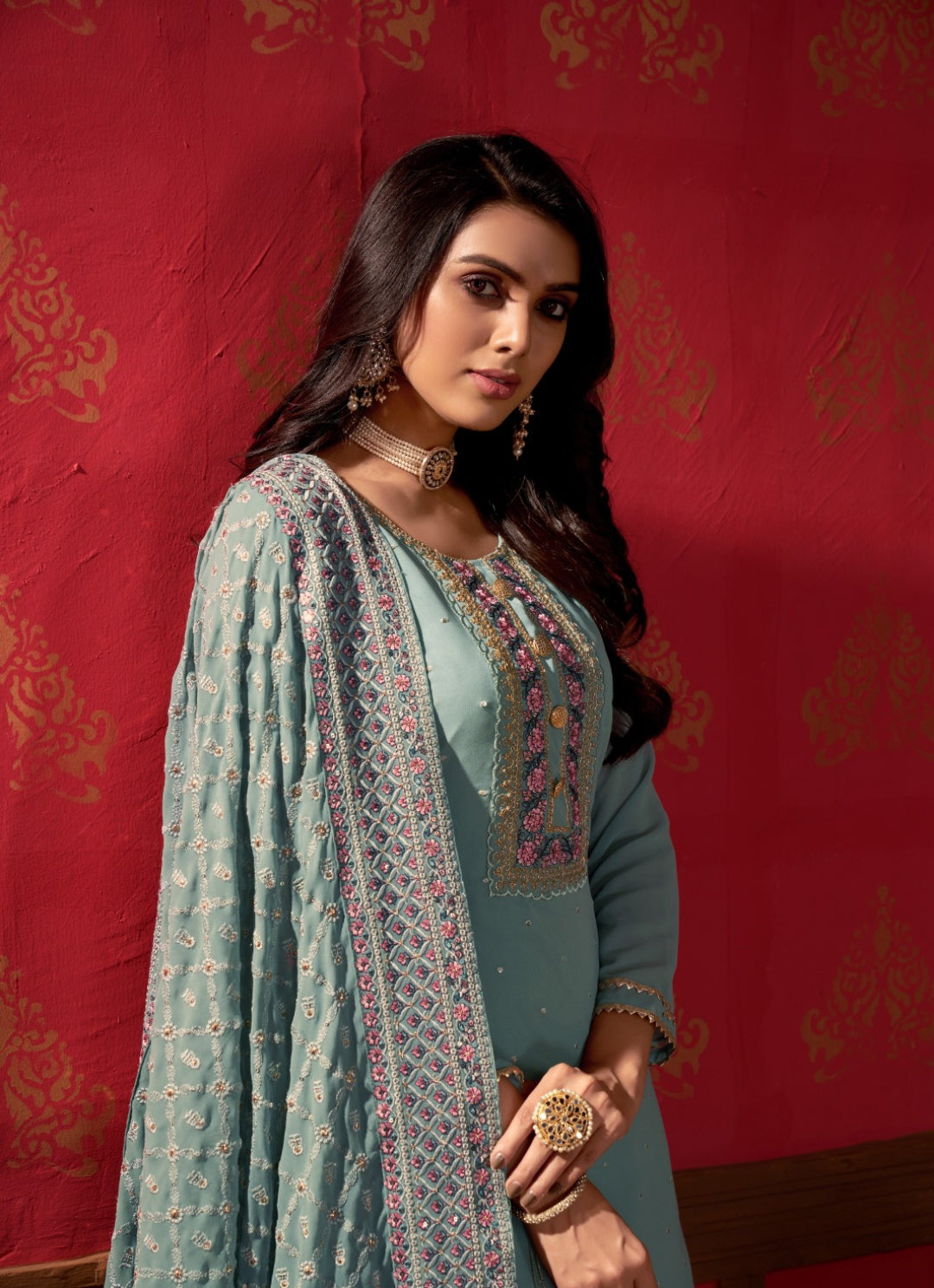 Enchanting Sea Blue Faux Georgette Gharara Bottom Suit Set