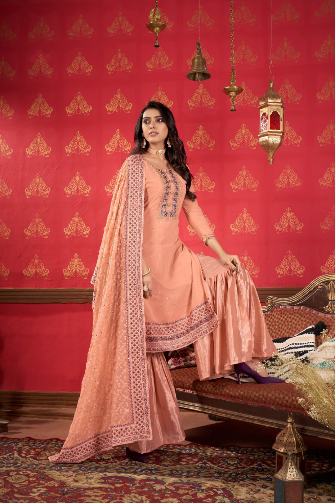 Flattering Peach Faux Georgette Gharara Bottom Suit Set