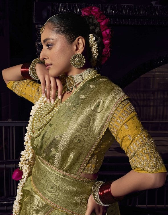 Exquisit Green Viscose Silk Embroidery Saree