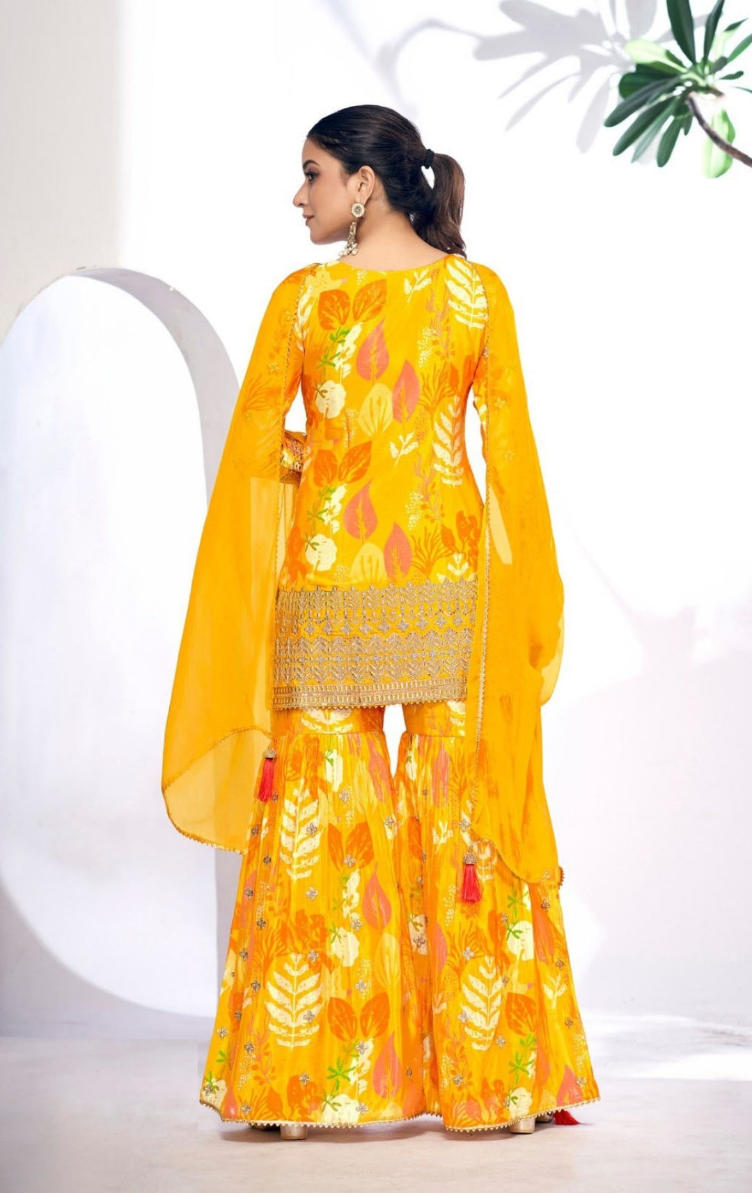 Immaculate Mustard Chinon Digital Print Gharara Suit Set