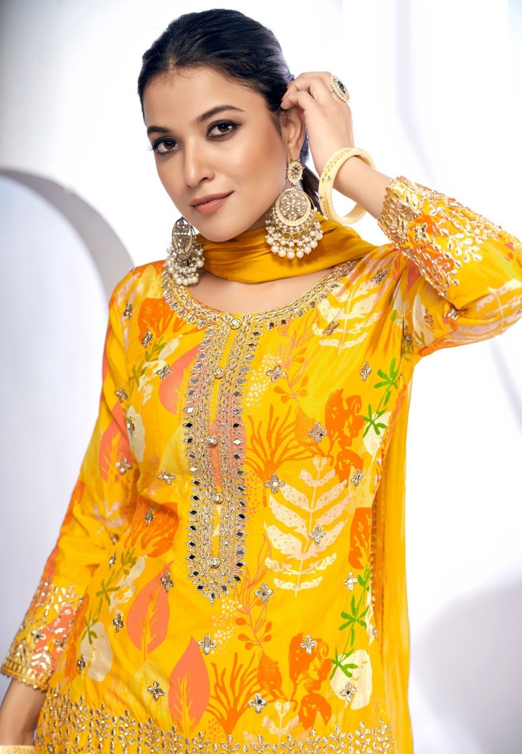 Immaculate Mustard Chinon Digital Print Gharara Suit Set