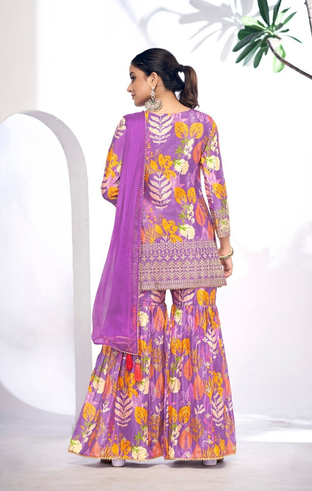 Vivid Light Purple Chinon Digital Print Gharara Suit Set