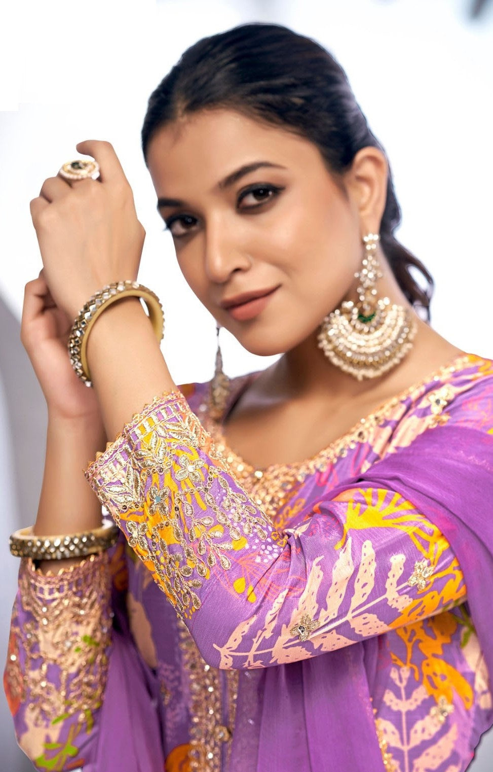 Vivid Light Purple Chinon Digital Print Gharara Suit Set