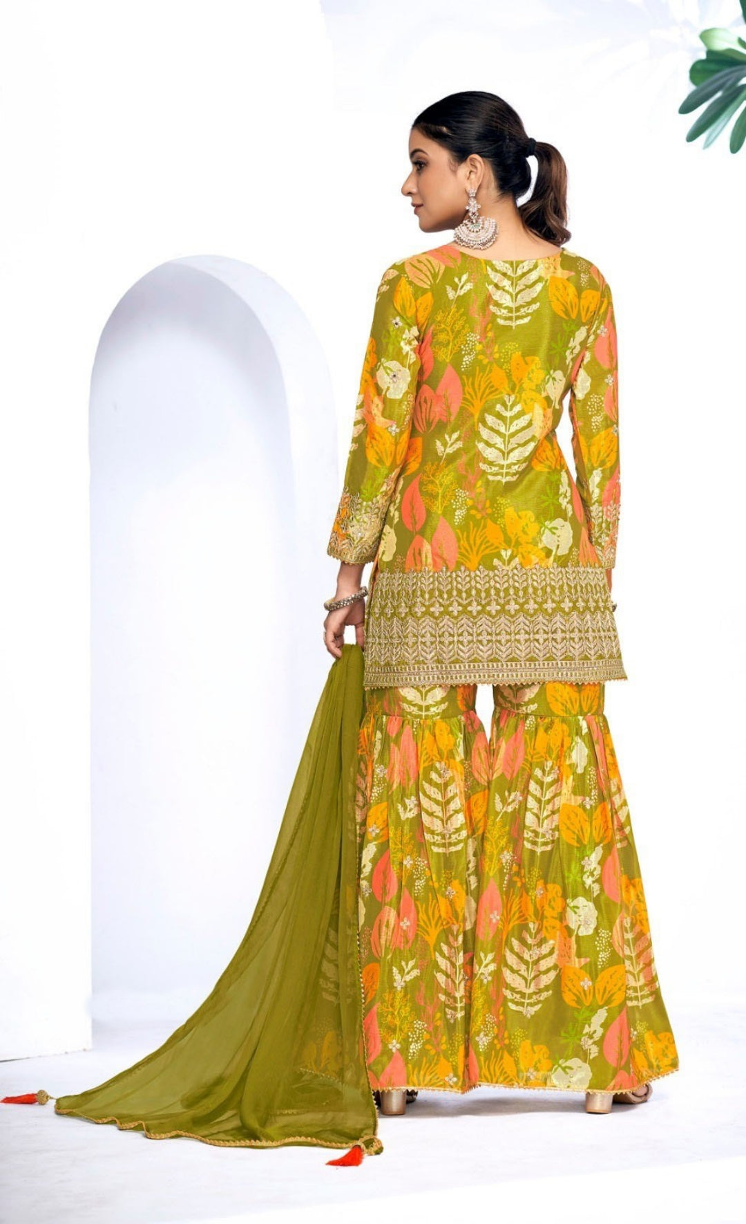 Enchanting Multi Green Chinon Digital Print Gharara Suit Set
