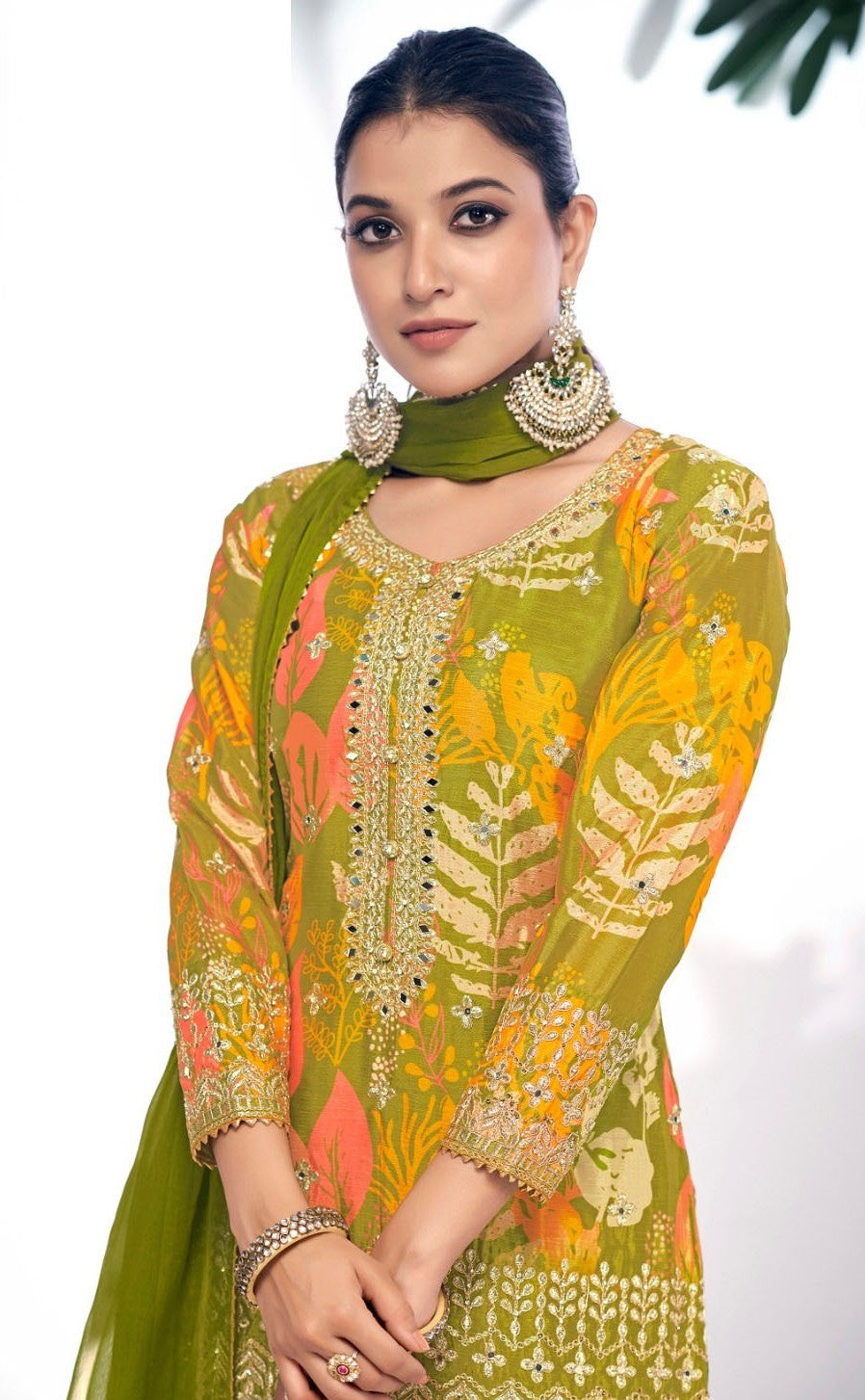 Enchanting Multi Green Chinon Digital Print Gharara Suit Set