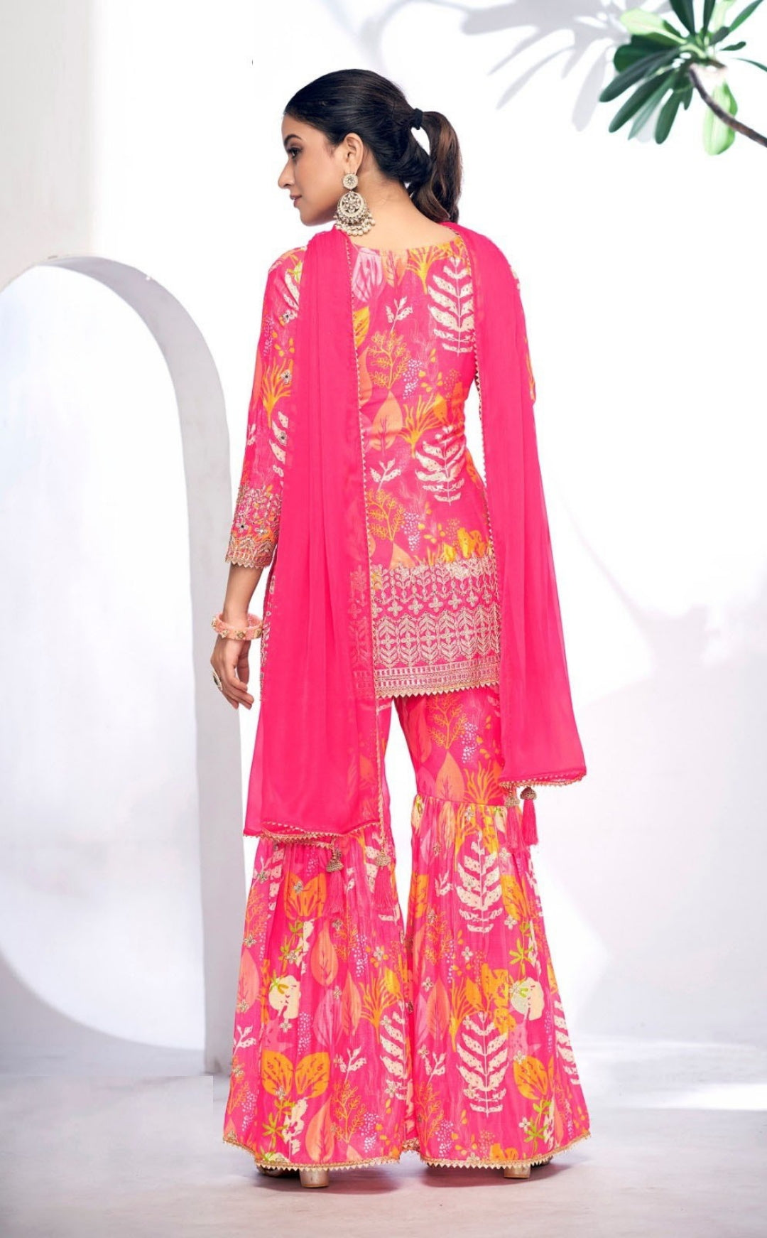 Sumptuous Pink Chinon Digital Print Gharara Suit Set