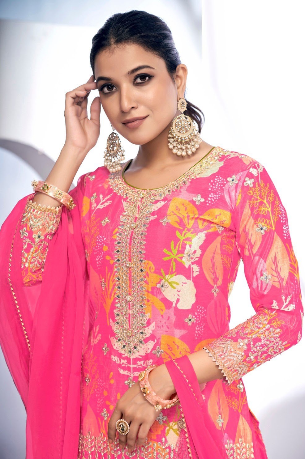 Sumptuous Pink Chinon Digital Print Gharara Suit Set