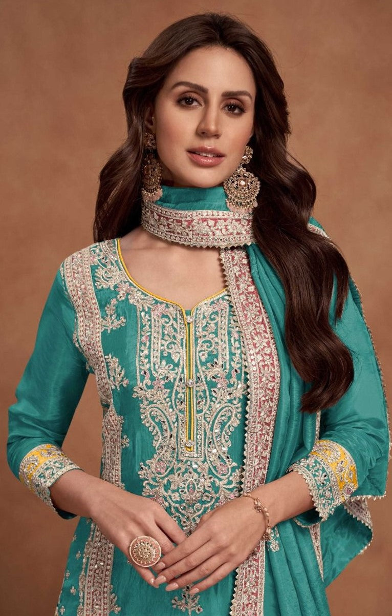 Contemporary Blue Simar Silk Palazzo Suit Set