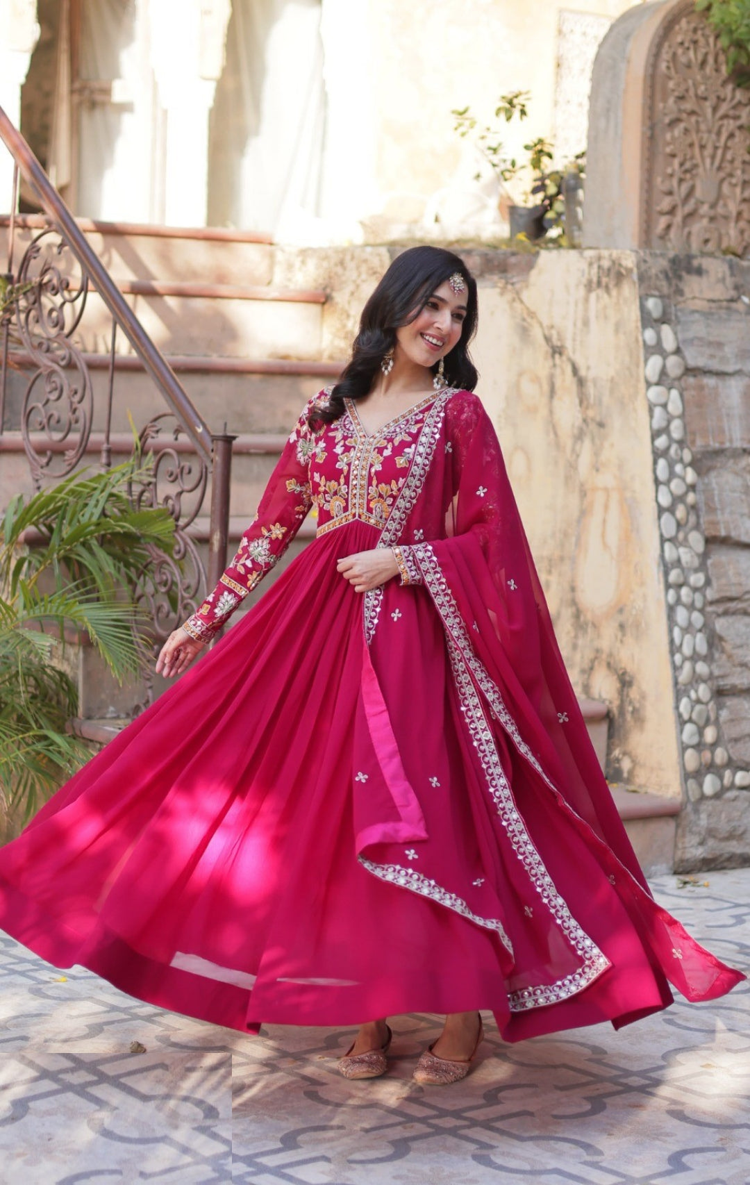 Women Pink Georgette Embroidery Work Gown With Dupatta