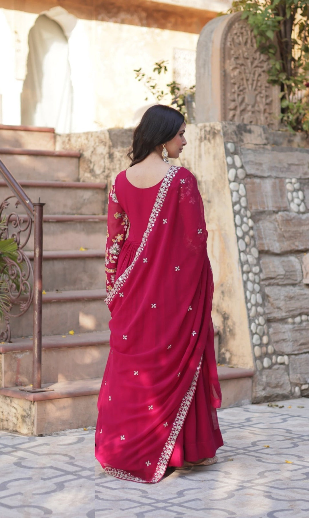 Women Pink Georgette Embroidery Work Gown With Dupatta