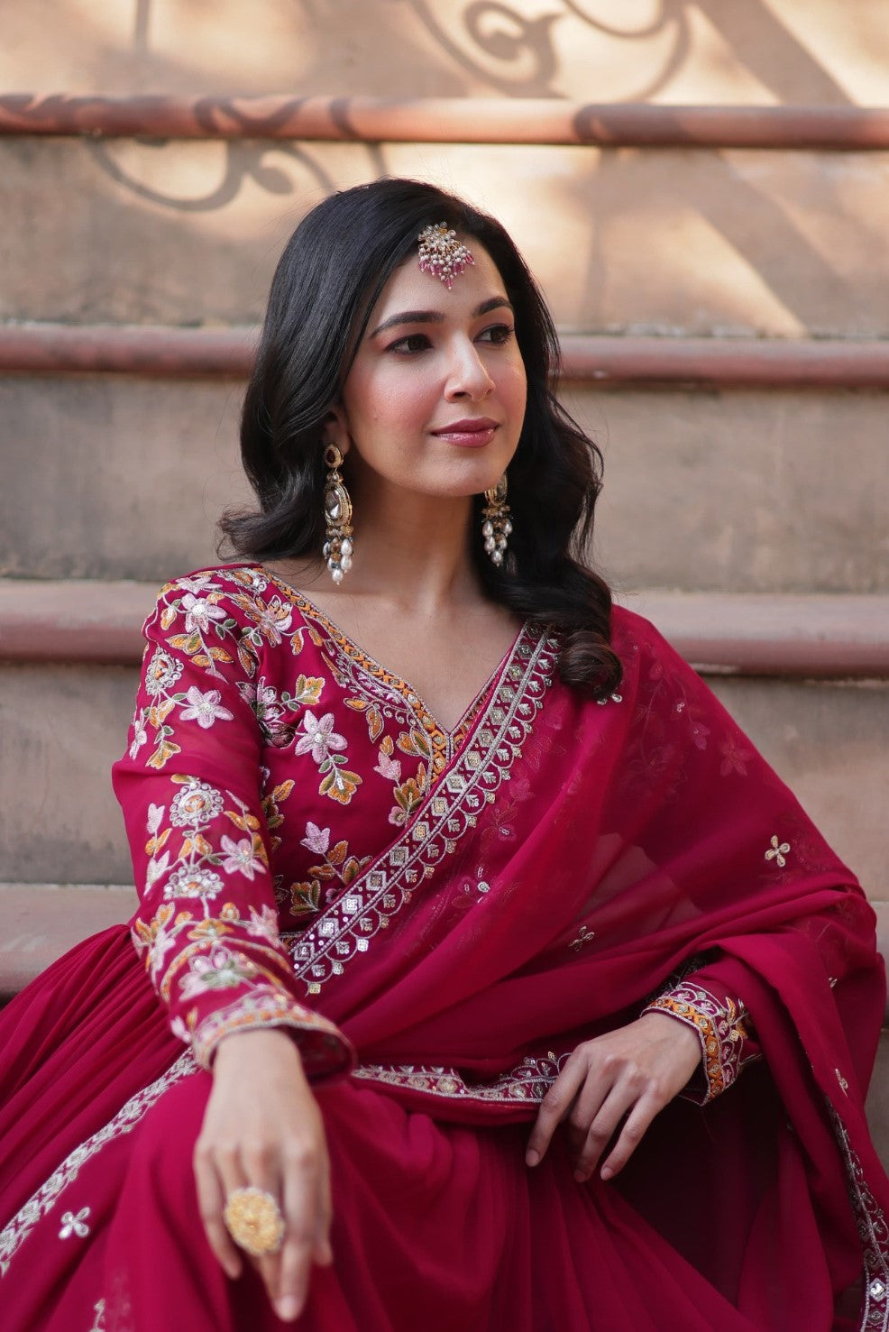Women Pink Georgette Embroidery Work Gown With Dupatta