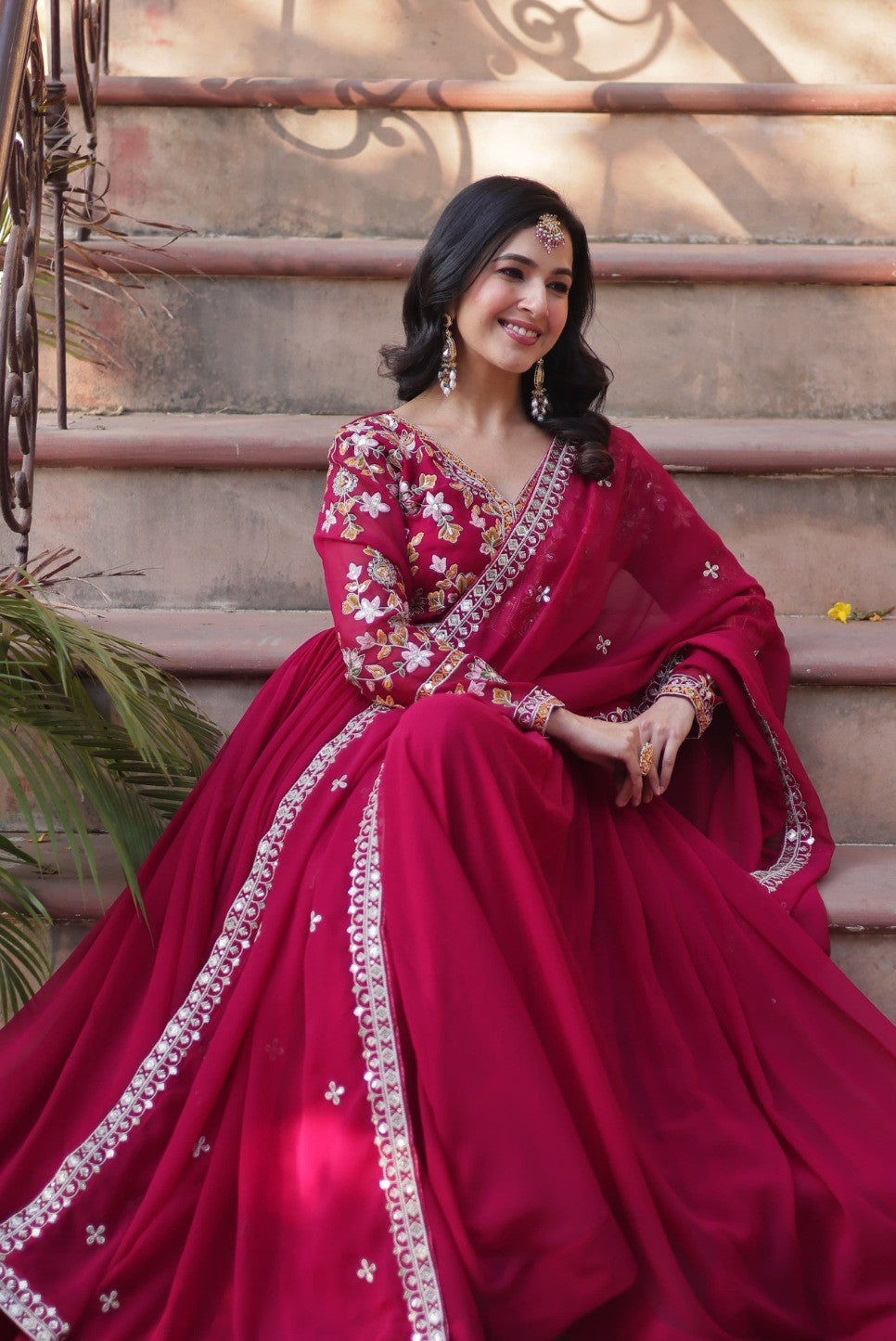 Women Pink Georgette Embroidery Work Gown With Dupatta