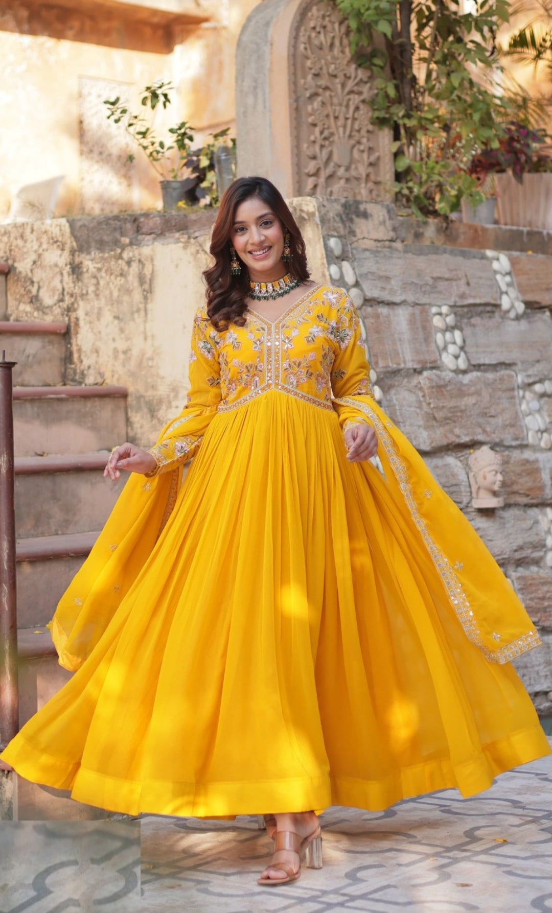 Women Yellow Georgette Embroidery Work Gown With Dupatta