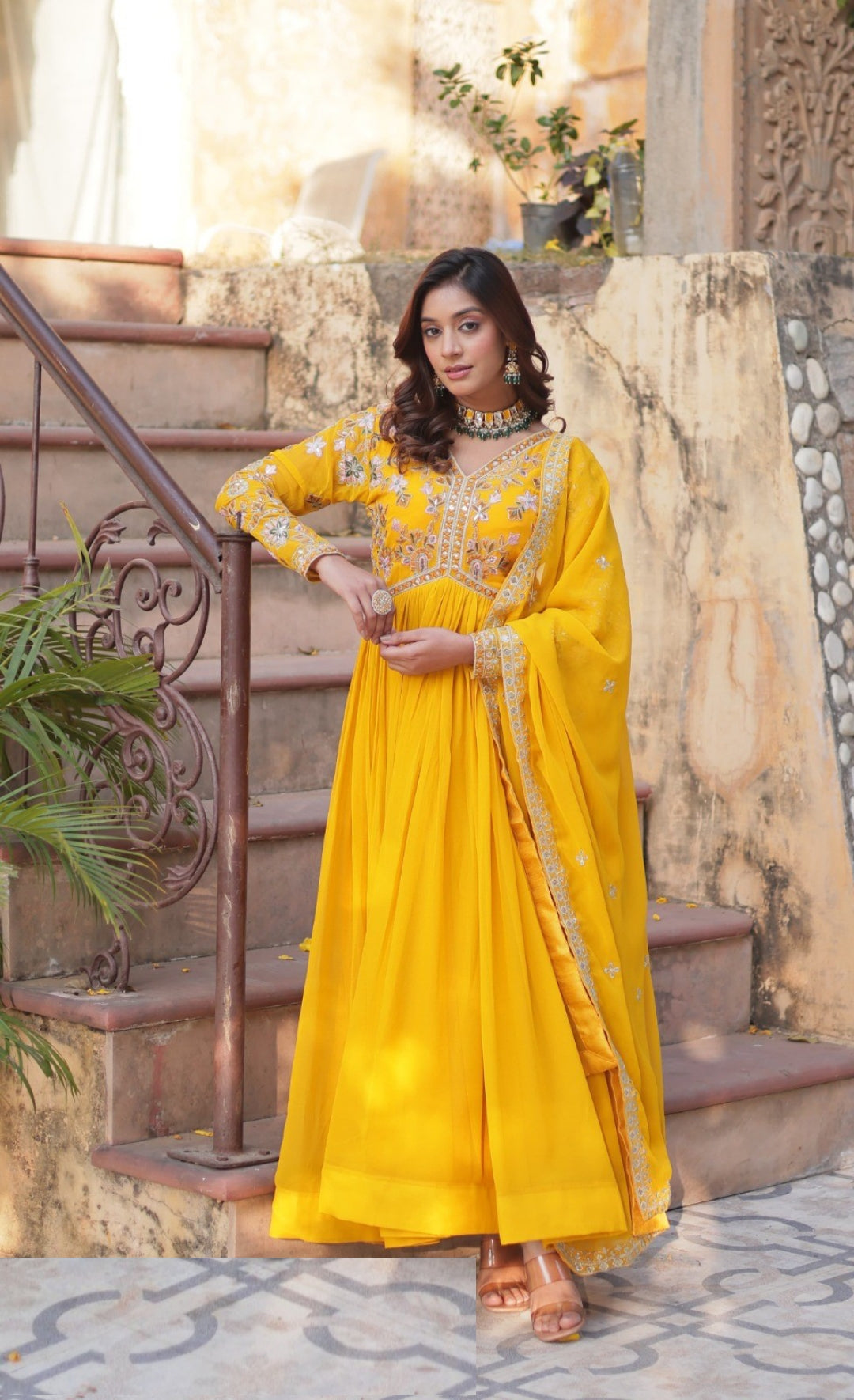 Women Yellow Georgette Embroidery Work Gown With Dupatta