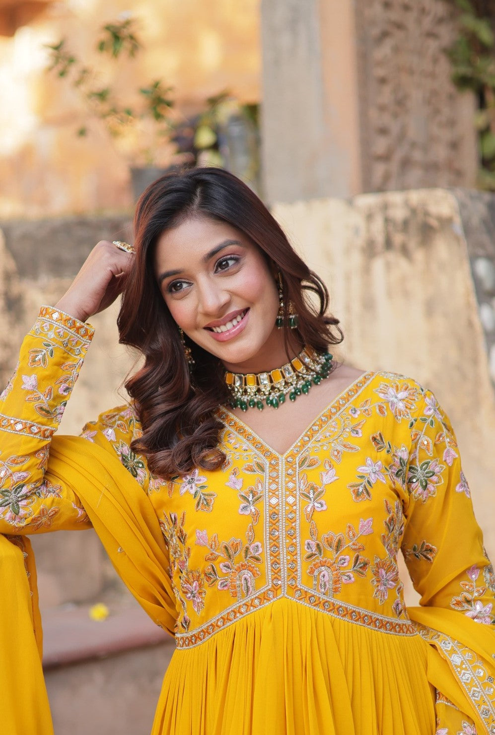 Women Yellow Georgette Embroidery Work Gown With Dupatta