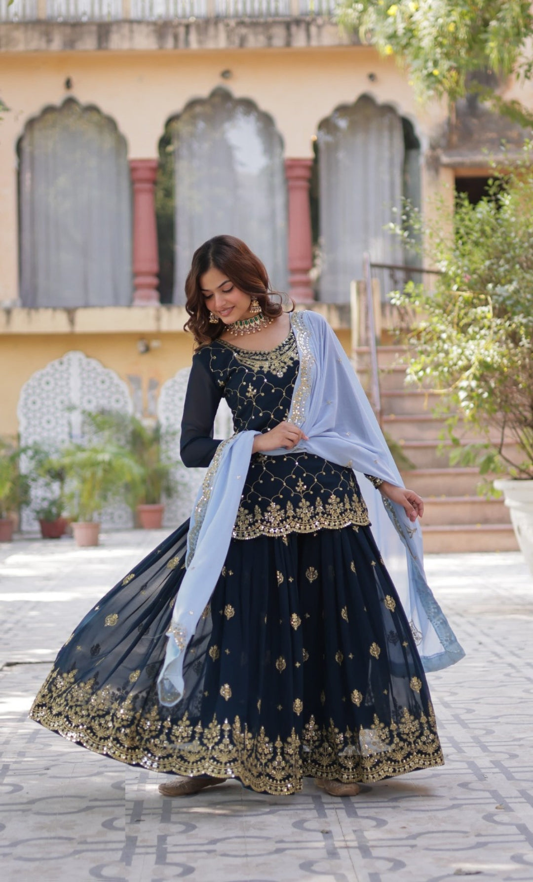Dazzling Black Georgette Embroidery Work Sharara Suit Set