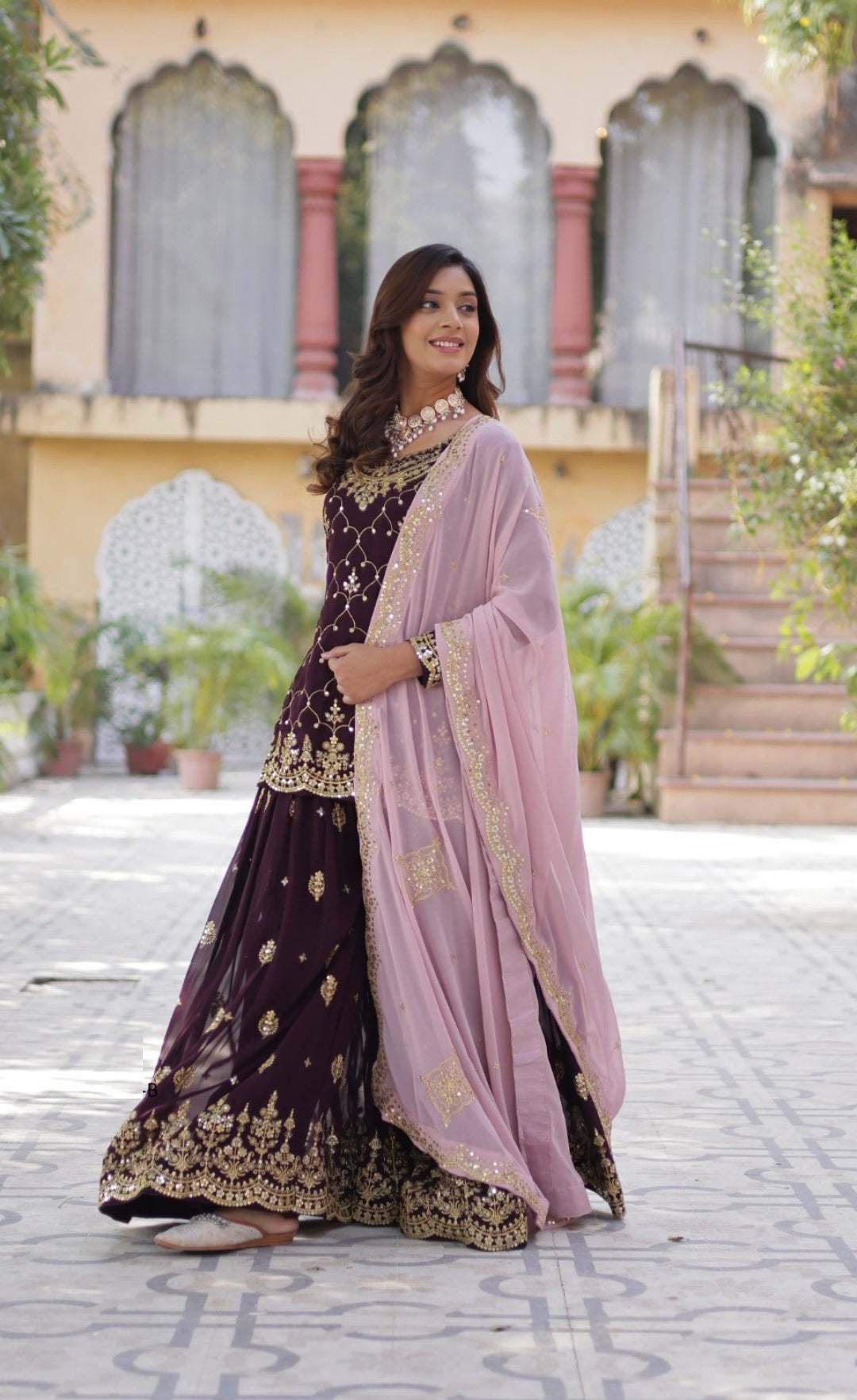 Flawless Dark Purple Georgette Embroidery Work Sharara Suit Set