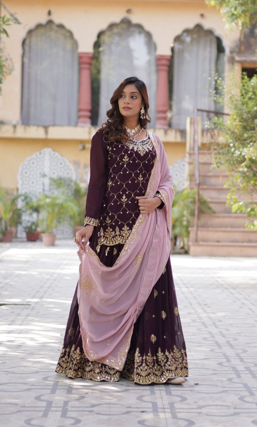 Flawless Dark Purple Georgette Embroidery Work Sharara Suit Set