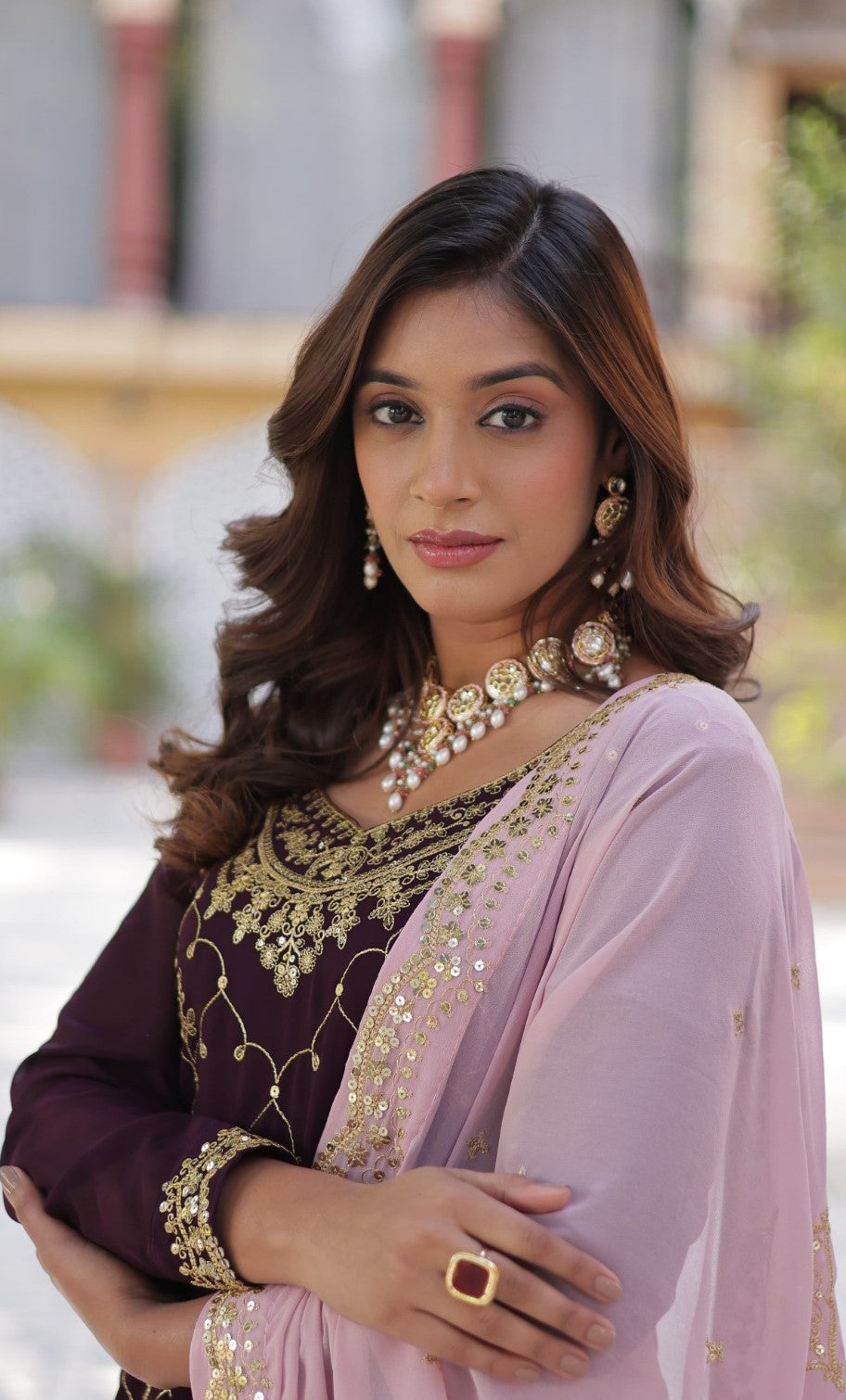 Flawless Dark Purple Georgette Embroidery Work Sharara Suit Set