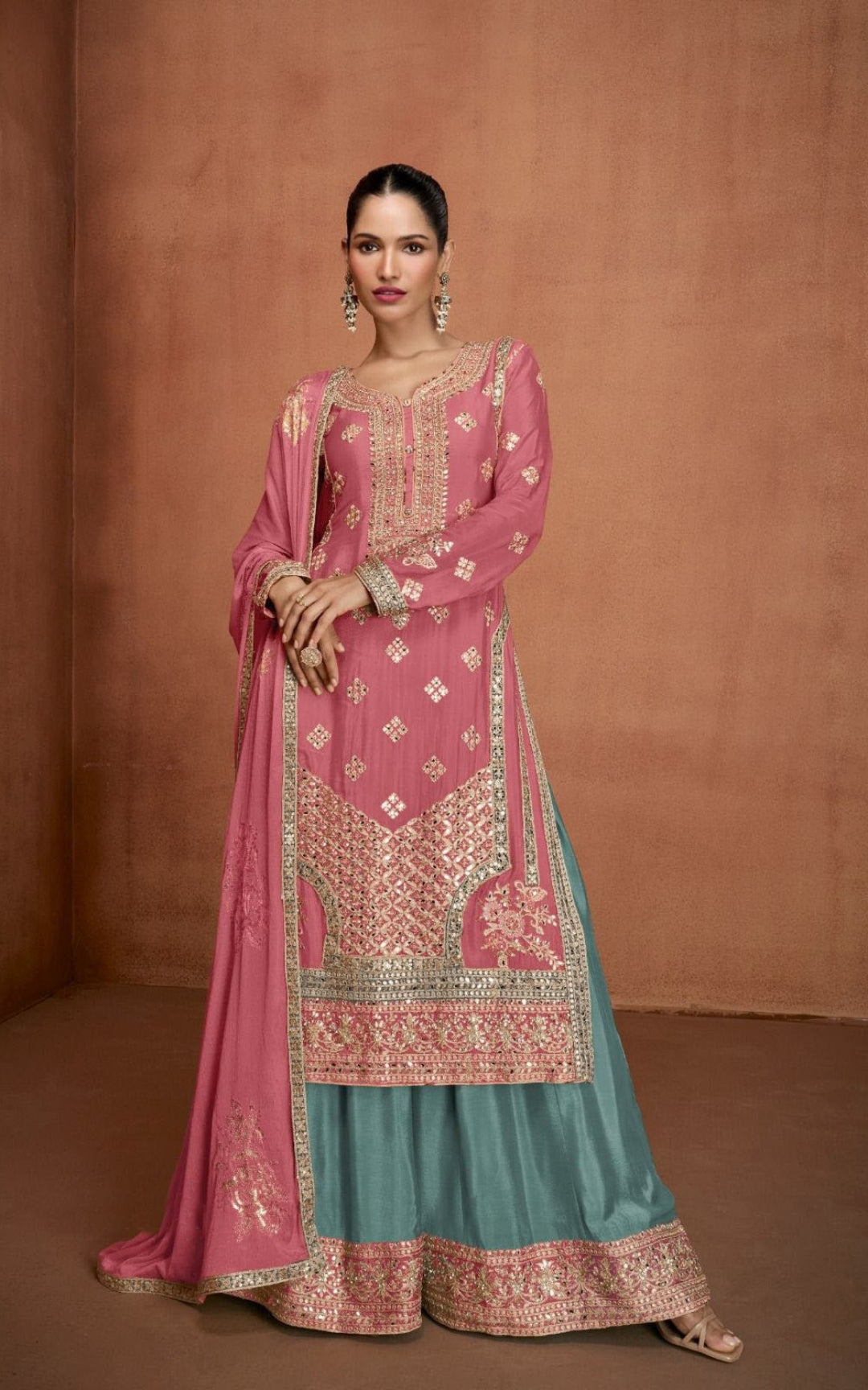 Comfy Pink Chinon With Embroidery Work Palazzo Suit Set