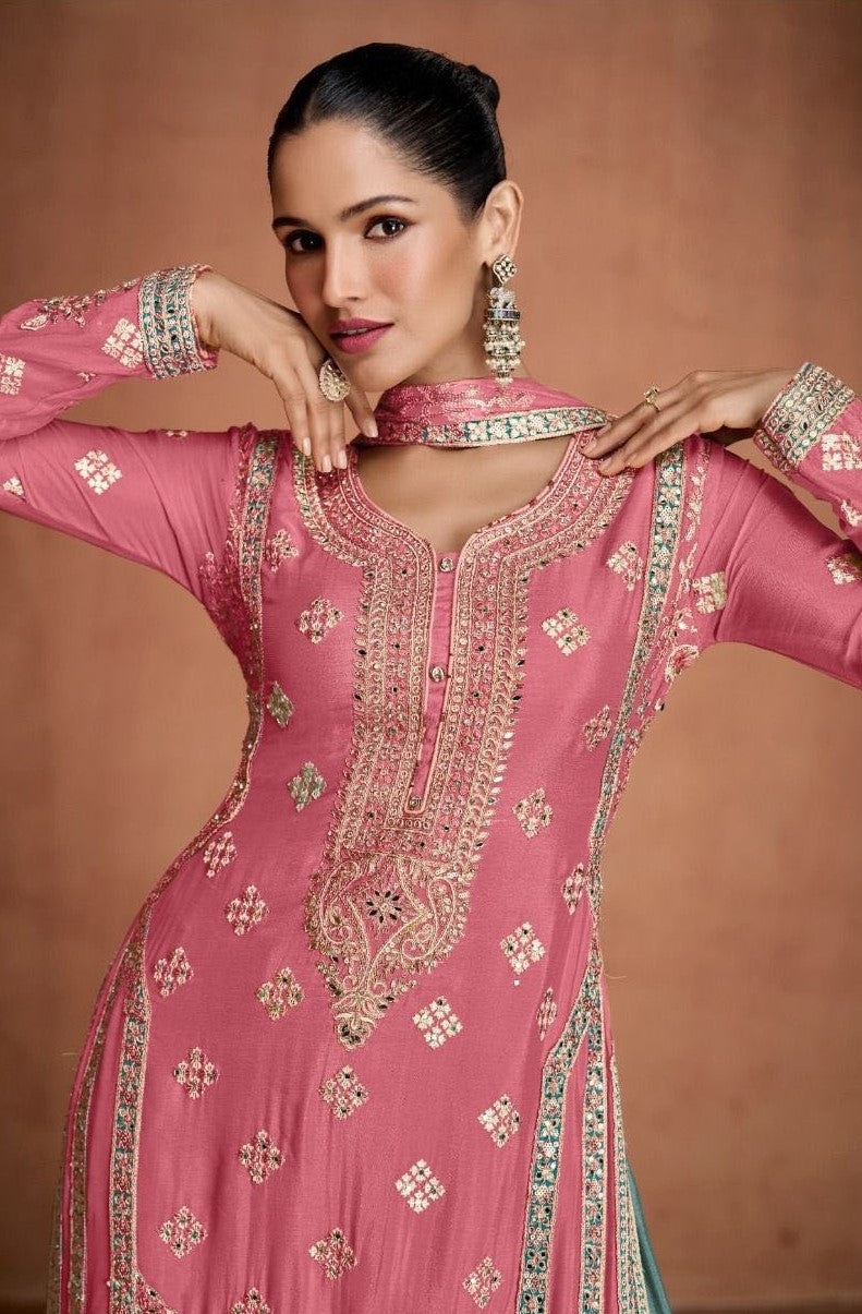 Comfy Pink Chinon With Embroidery Work Palazzo Suit Set