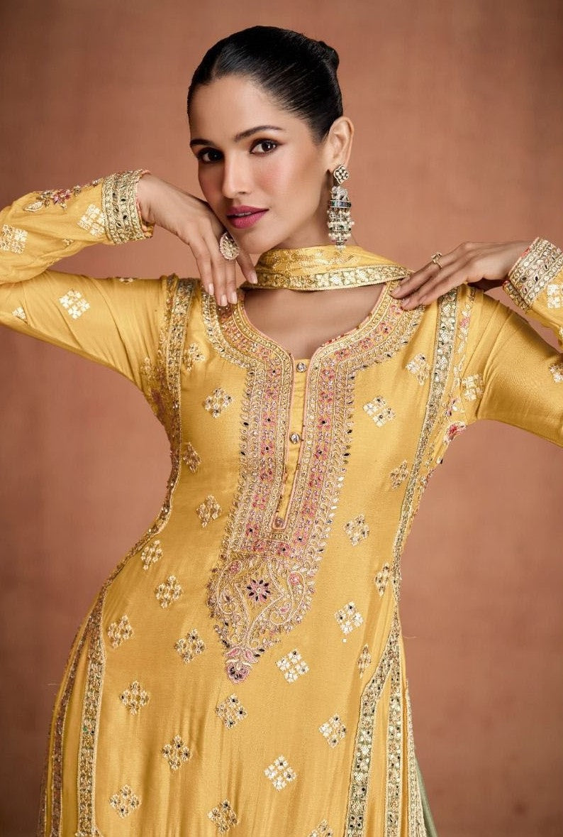 Magnificent Yellow Chinon With Embroidery Work Palazzo Suit Set