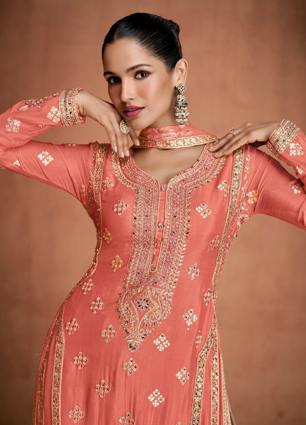 Chic Coral Chinon With Embroidery Work Palazzo Suit Set