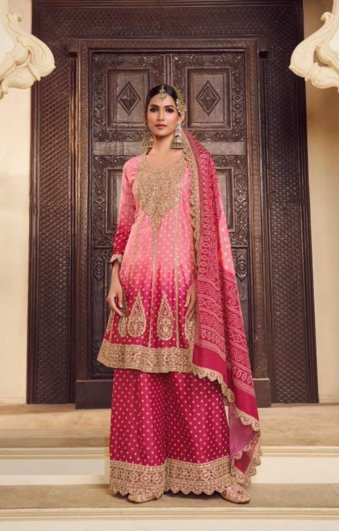 Women Pink Chinon Silk With Embroidery Work Palazzo Suit Set