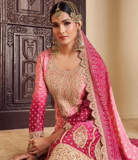 Women Pink Chinon Silk With Embroidery Work Palazzo Suit Set