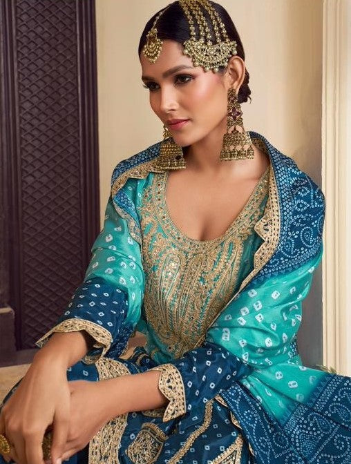 Women Teal Chinon Silk With Embroidery Work Palazzo Suit Set