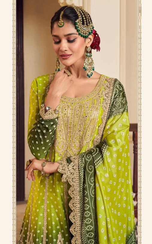 Women Green Chinon Silk With Embroidery Work Palazzo Suit Set