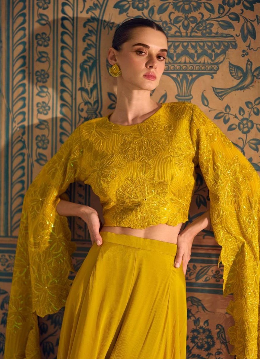 Captivating Mustard Chinon Silk Indo Western