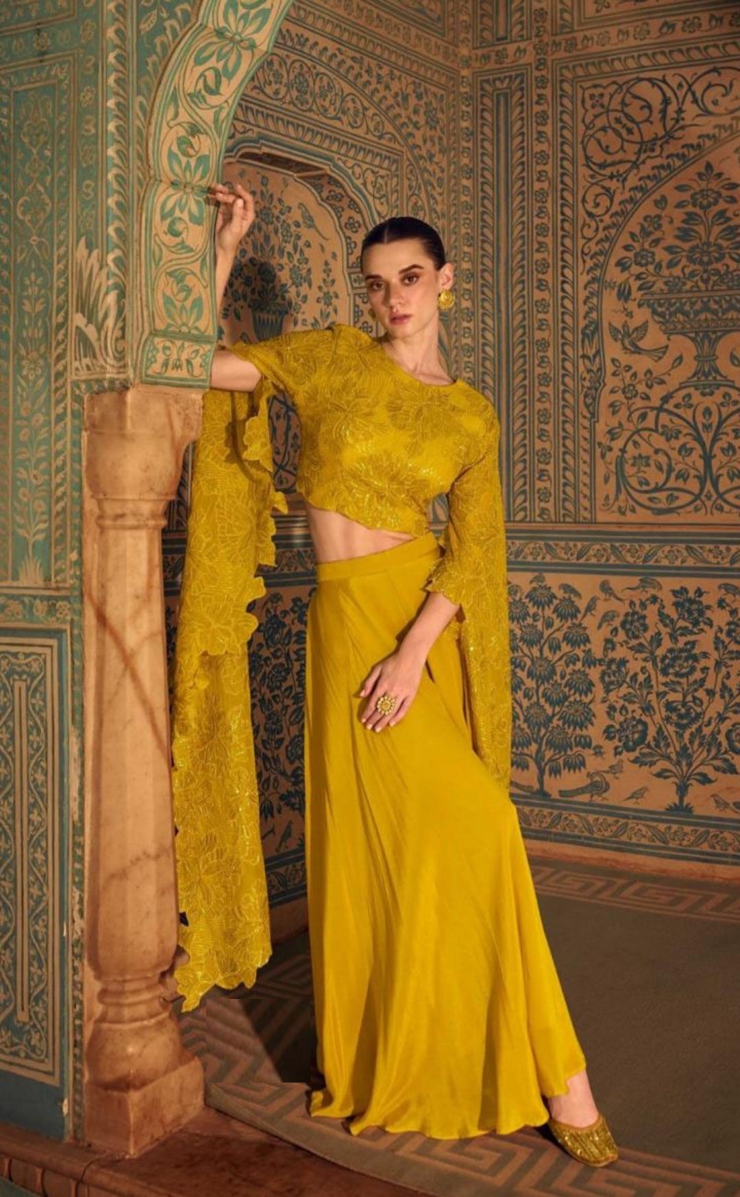 Captivating Mustard Chinon Silk Indo Western