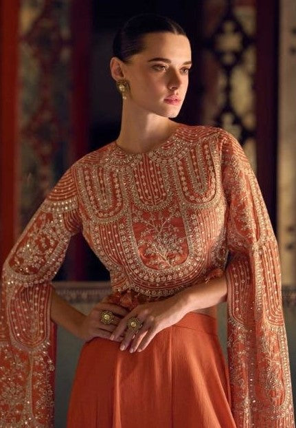 Charming Rust Chinon Silk Indo Western