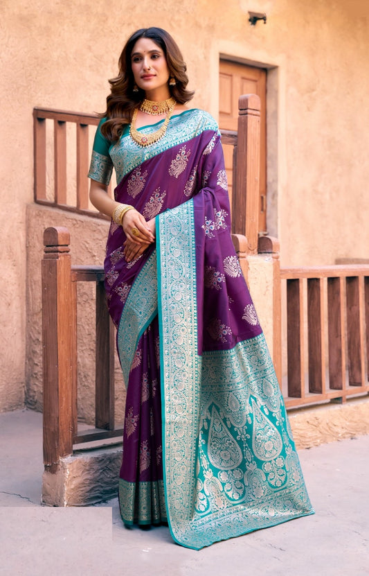 Women Purple And Teal  Soft Silk Saree