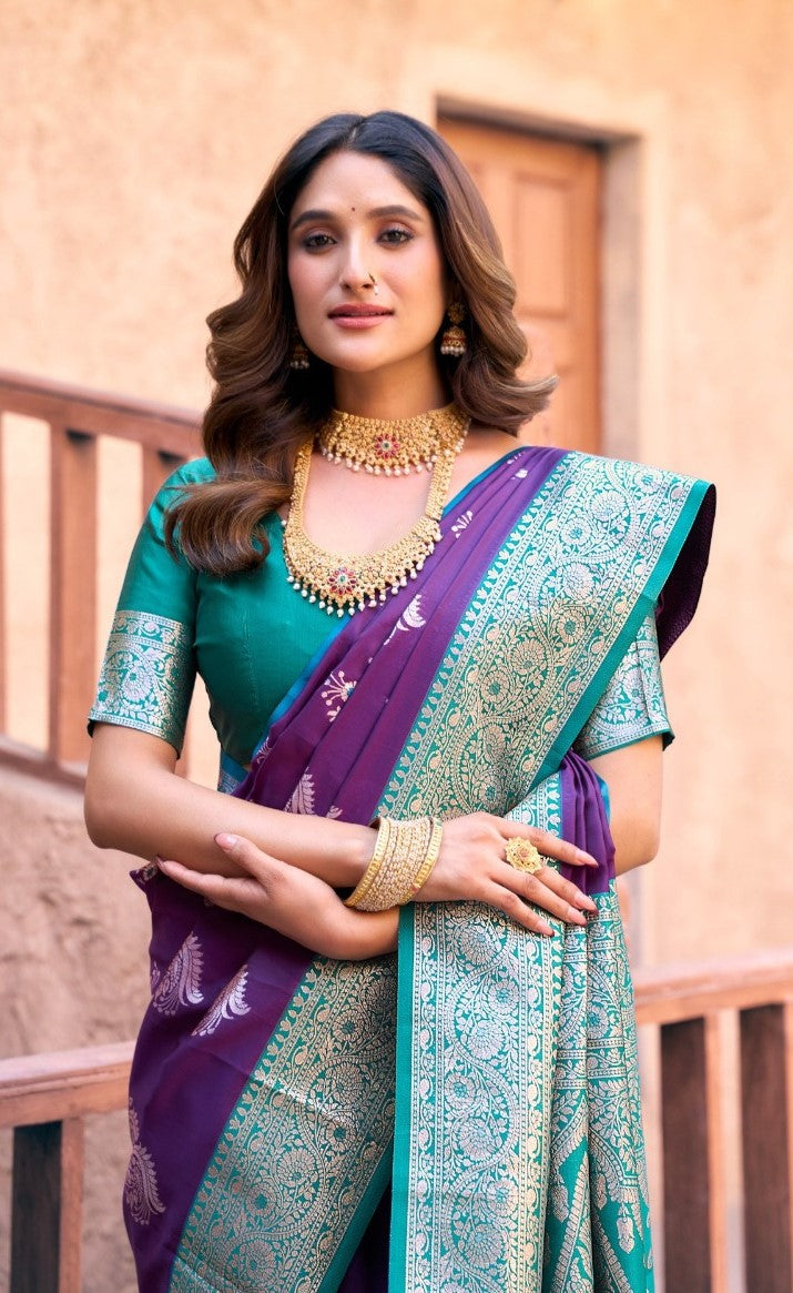 Women Purple And Teal  Soft Silk Saree