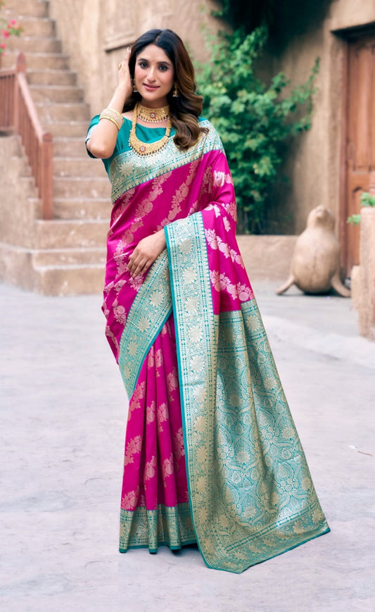Women Pink And Teal  Soft Silk Saree