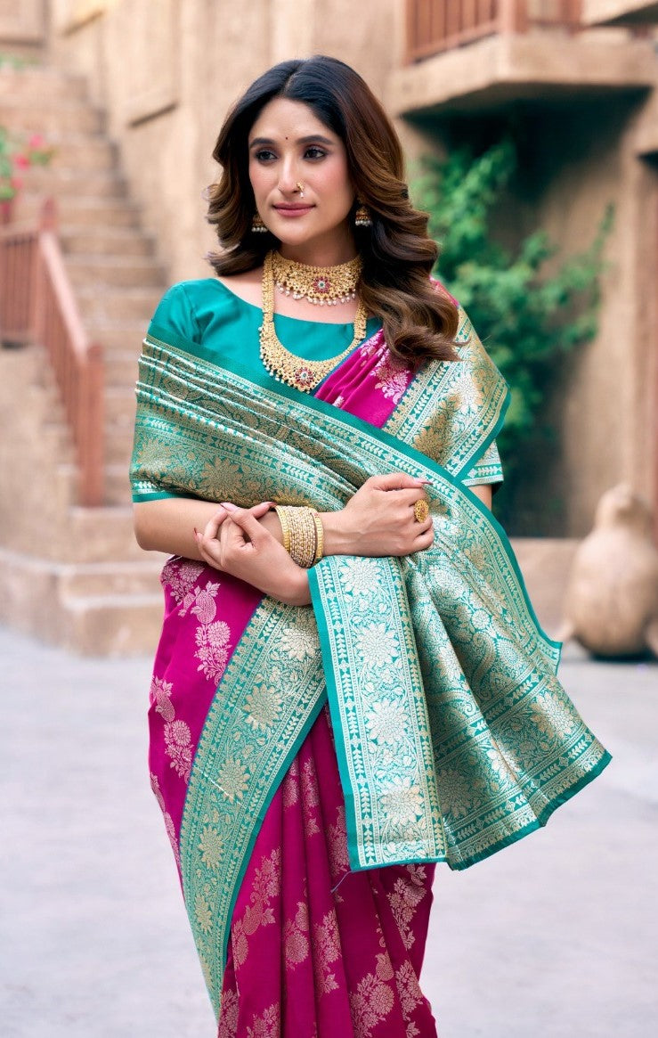 Women Pink And Teal  Soft Silk Saree