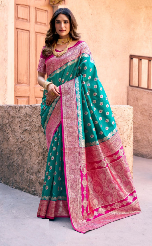 Women Rama Green And Pink  Soft Silk Saree