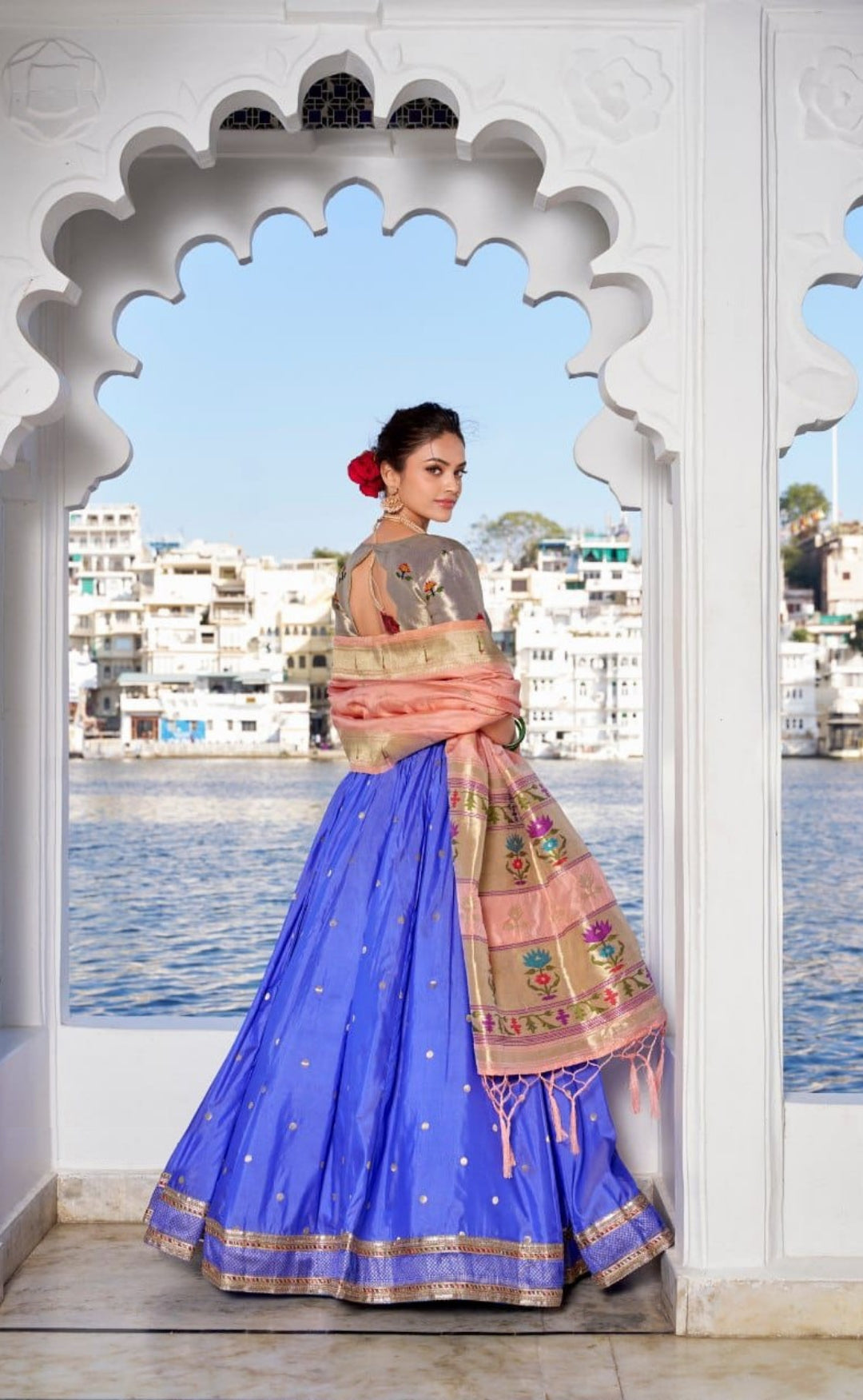 Dazzling Blue And Grey Jacquard Silk Paithani Silk Lehenga