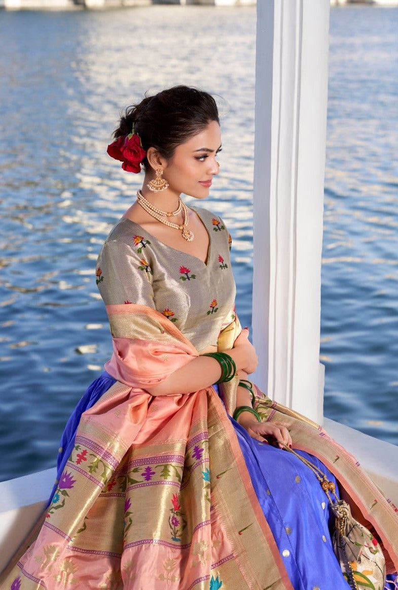 Dazzling Blue And Grey Jacquard Silk Paithani Silk Lehenga