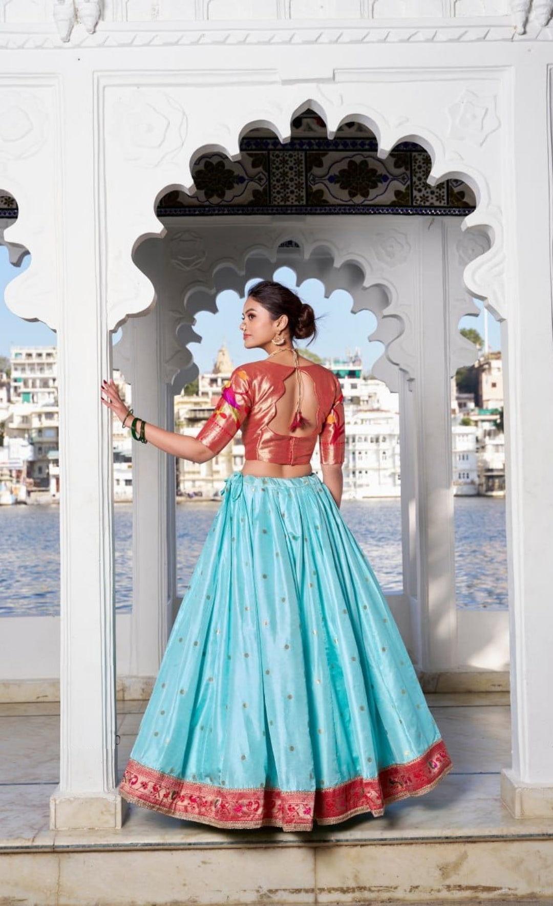Glamorous Sky Blue And Red Jacquard Silk Paithani Silk Lehenga