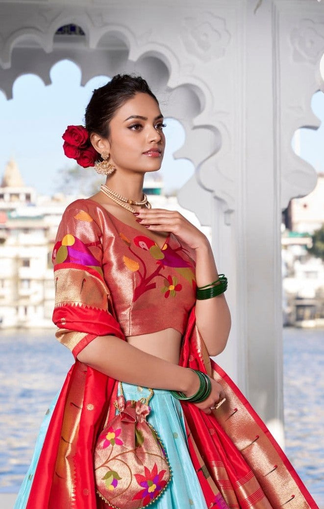 Glamorous Sky Blue And Red Jacquard Silk Paithani Silk Lehenga