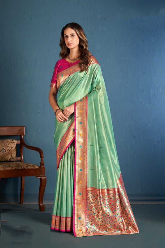 Women Sea Green And Pink Soft Tissue Paithani Silk Saree