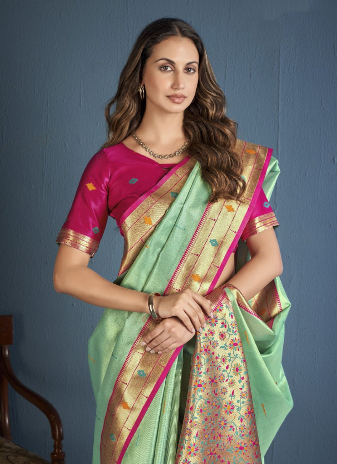Women Sea Green And Pink Soft Tissue Paithani Silk Saree