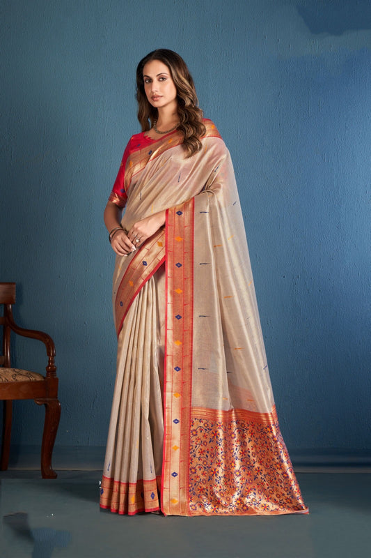 Women Beige And Red Soft Tissue Paithani Silk Saree