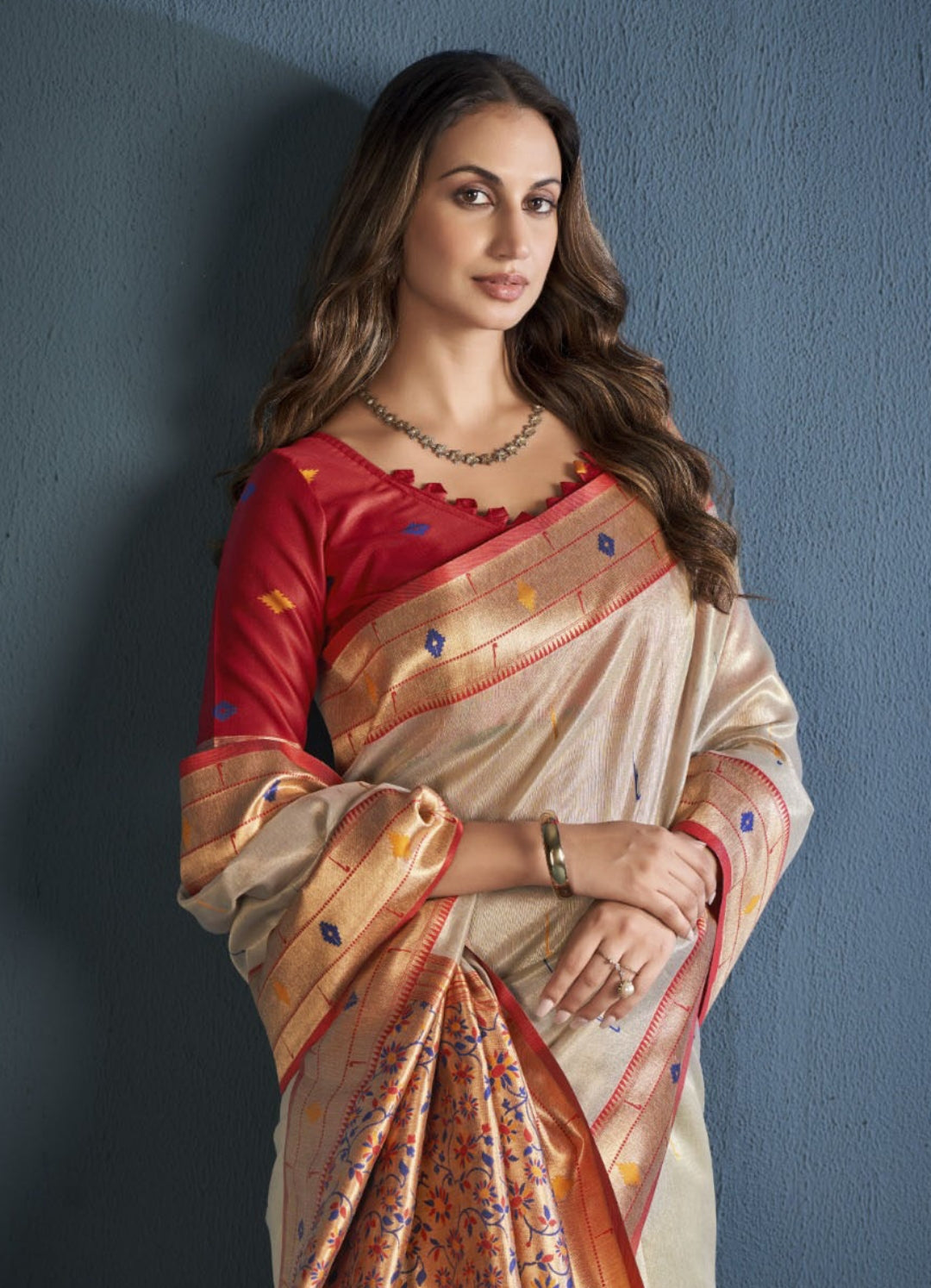Women Beige And Red Soft Tissue Paithani Silk Saree