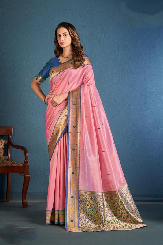 Women Pink And Blue Soft Tissue Paithani Silk Saree