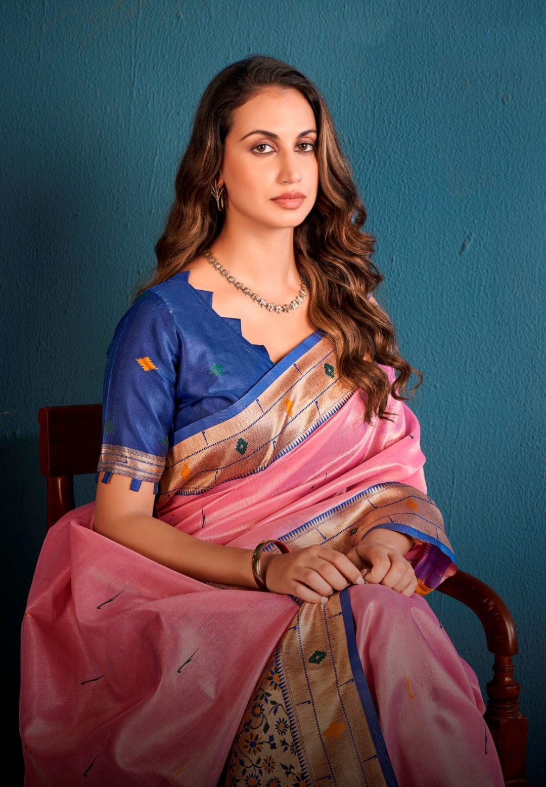 Women Pink And Blue Soft Tissue Paithani Silk Saree
