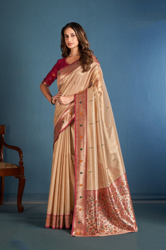 Women Beige And Marron Soft Tissue Paithani Silk Saree